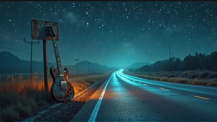 「Fading Highway Blues - The Road to Dreams is Fading Away」with broken sound waves disappearing into a dark background and evoking loneliness、Winding highways disappear into starry skies and smoky night skies、A rusted electric guitar leaned against a faded ...