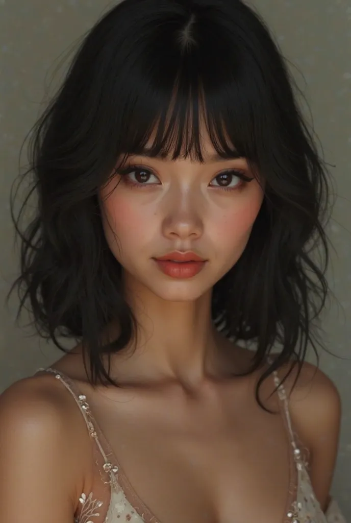 8k Mulher ultra realista medium black hair with bangs ultra-realista,  ultra details, new,Sensual light brown skin, medium black hair with bangs 