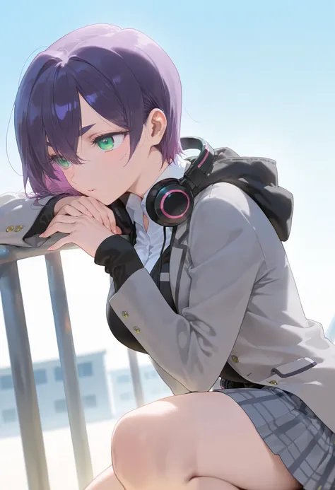 masterpiece, best quality, amazing quality, very aesthetic, absurdres,  newest, scenery,(colorful),
EBKurumi, 1girl, solo, short hair, purple hair, thick eyebrows, green eyes, big breasts,(aged up:1.4), school uniform, jacket, hood, hoodie, plaid skirt, he...