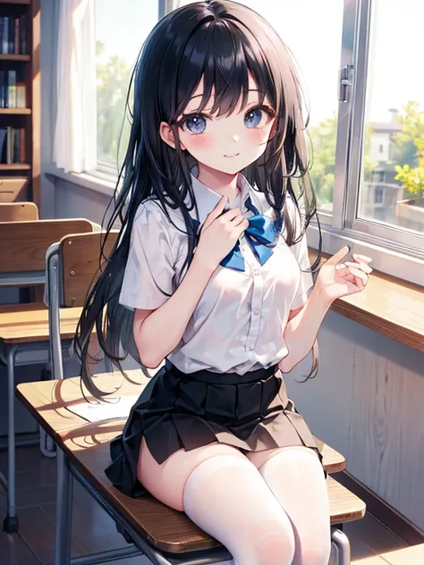  Best picture quality，Soft Sunlight，a cute and beautiful ，Sweet smile，on the classroom chair，long black hair，Wearing a miniskirt and white stockings，Thin eyelashes ，Small Breasts，Place your hands on the desk。