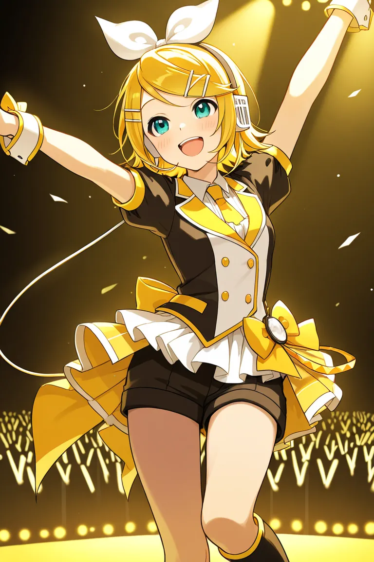 Kagamine Rin,smile,dance,idol,stage,song,open mouth,audience,headphone,swept bangs,happy