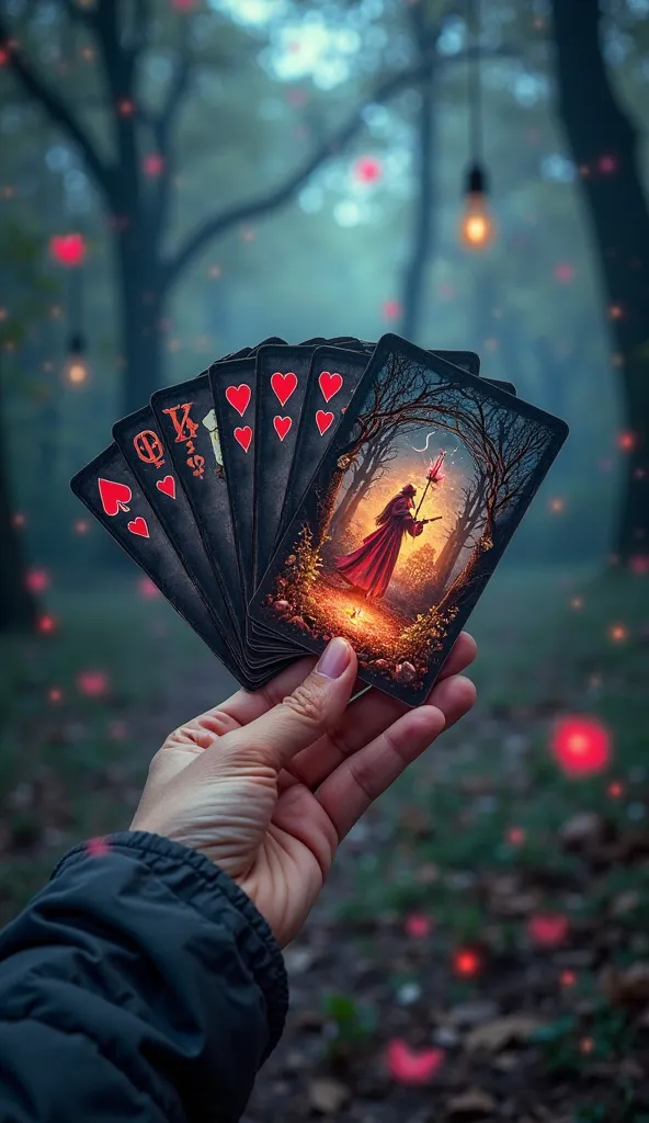  "Discover the power of"
"Design a vertical image 9:16 cards with a magical forest background at dusk. One hand holds the Wizard card, with heart icons, briefcase and hourglass. text in Spanish: 'Discover the power of. Free consultation now!'"