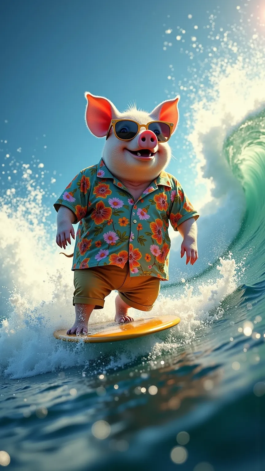 photorealistic portrait of Dressed animals - a ((fat)) (pig) surfer,(surfing:1.5),(happy smile), (riding on surfboard:2.0), (riding on waves :2.0),(dynamic angle:1.2),high quality,(cool),(dynamic action pose) ,intricate details, (), highly detailed ((surfb...