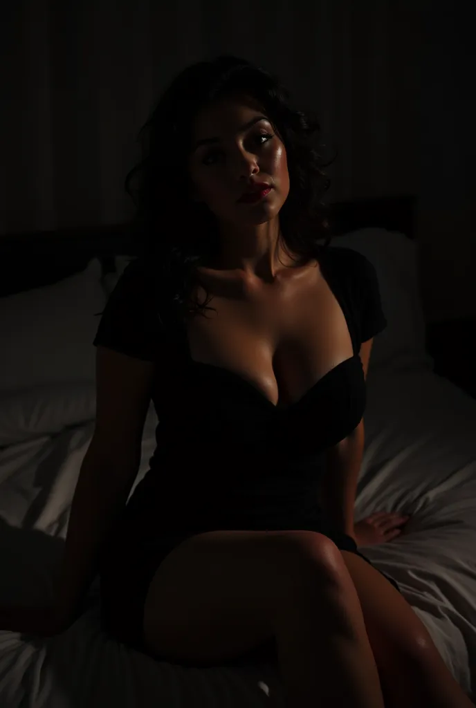 Maddie Fenton, fitted garter belt dress, is seen in his bedroom, Luz outfit, night time, dark, negro, Lying down, vista desde arriba , waiting for you, has been waiting for this moment for a long time, wants to fuck, Horny beyond belief , in love with you,...