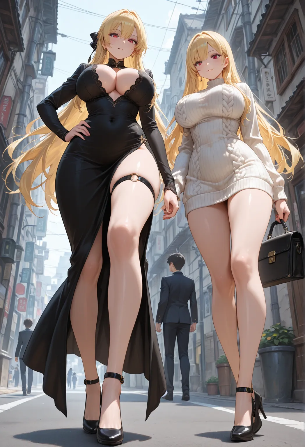 street, Chest slit knit, Very Big Breasts, very long legs,  high heels , low angle, Femdom, blond hair