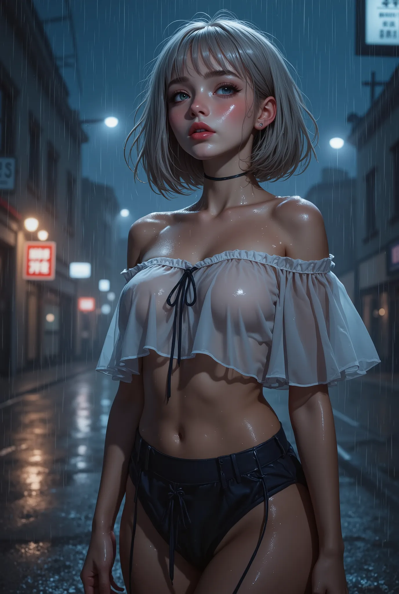 (RAW shooting、Photorealistic:1.5、8k、best image quality、masterpiece、ultra high definition)、(Perfect Dynamic Composition:1.2)、Night Street Corner、looking up at the sky:1.3、((Heavy rain due to typhoon )))、Highly Detailed Skin and Face Textures:1.2、 slim schoo...