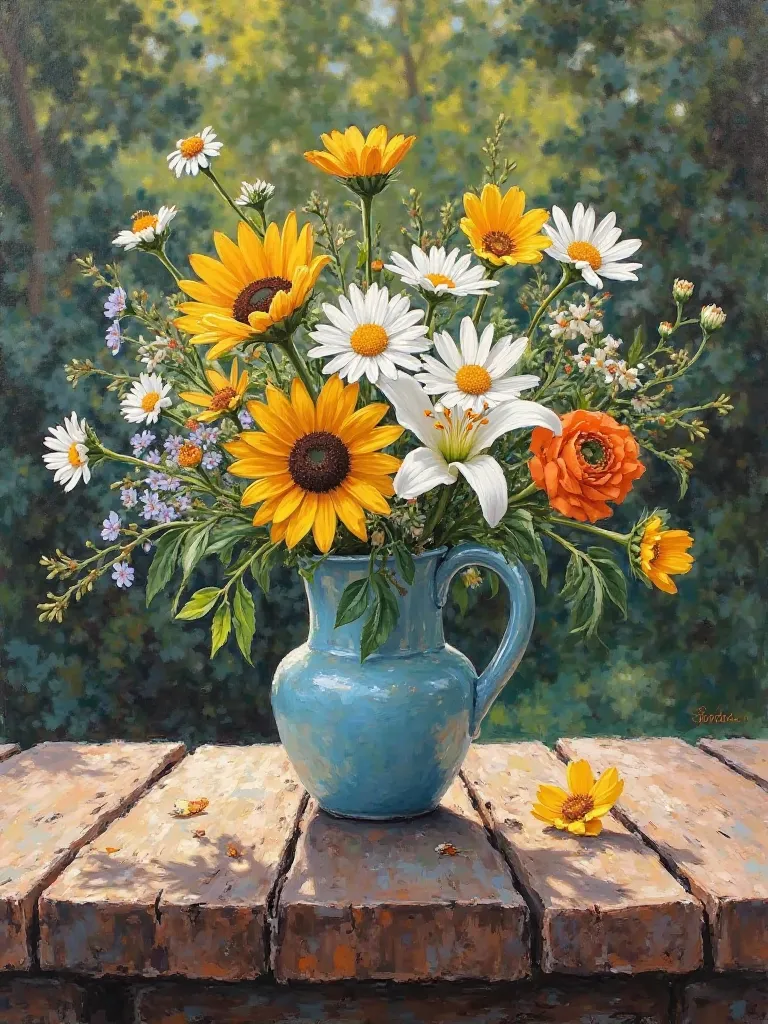 Create an oil painting in the style of Henri Matisse, A rustic wooden table set outdoors, adorned with a delicate vase of mixed summer flowers, including cheerful daisies, lilies, and sunflowers, surrounded by soft, natural light filtering through trees.
