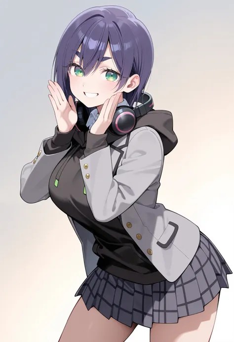 masterpiece, best quality, amazing quality, very aesthetic, absurdres,
EBKurumi, 1girl, solo, short hair, purple hair, thick eyebrows, green eyes, big breasts,,(aged up:1.2), school uniform, jacket, hood, hoodie, plaid skirt, headphones around neck, grey j...