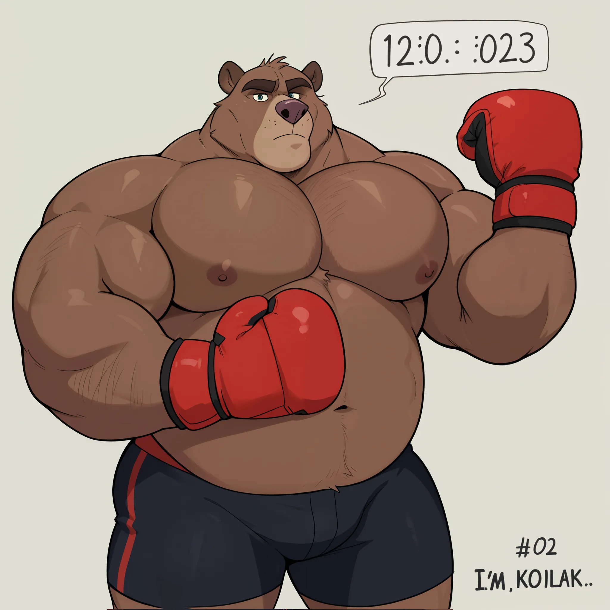 Solo, 1boy, Muscular Old, grunts, focus, look at viewer, wide shoulder, pectoral, thick arms, huge pectoral, wide pectoral, height: 220cm, weight: 440lbs, a Kodiak brown bear in an MMA shorts with red slits wearing an MMA gloves with red knuckle pads and a...