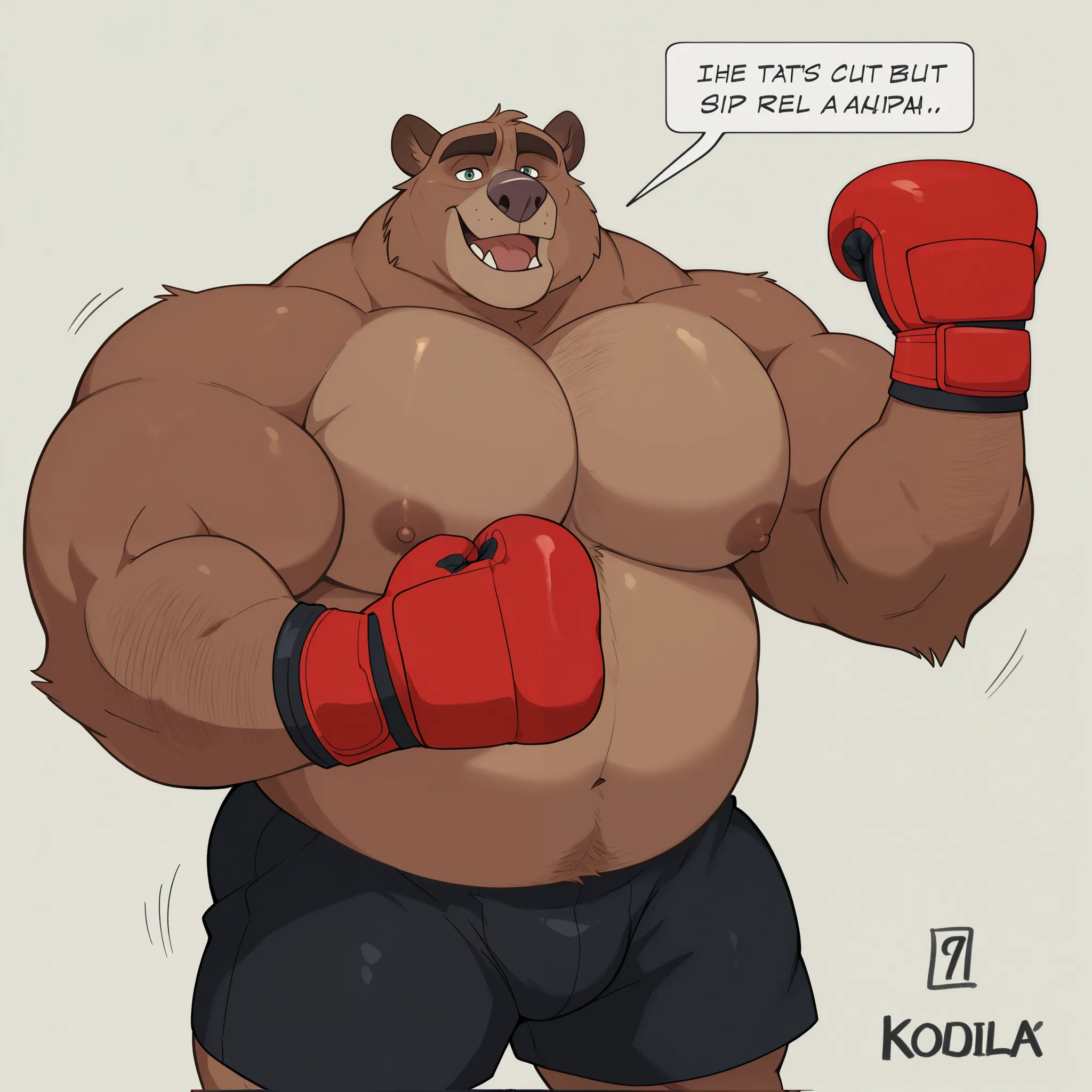 Solo, 1boy, Muscular Old, grunts, focus, look at viewer, wide shoulder, pectoral, thick arms, huge pectoral, wide pectoral, height: 220cm, weight: 440lbs, a Kodiak brown bear in an MMA shorts with red slits wearing an MMA gloves with red knuckle pads and a...