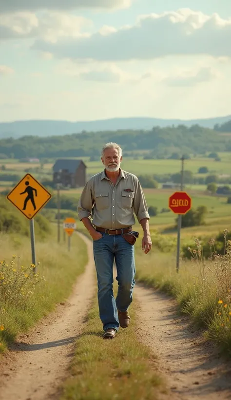 I want a picture of a  carrying his wallet and walking on a farm road filled with road safety signs