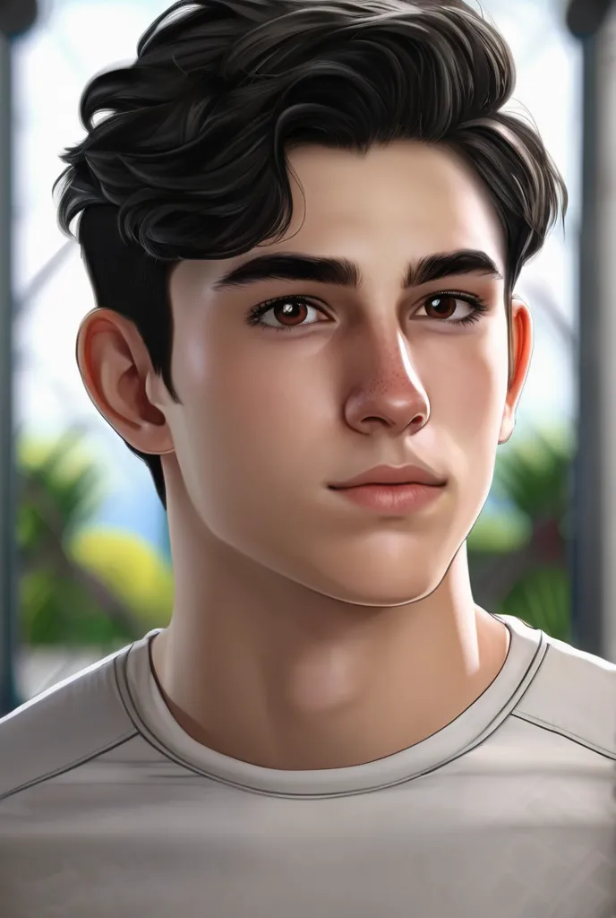 Portrait of a handsome 17-year-old male ager with short black hair, white skin and dark eyes, has a Greek-type nose and a little big and an oval face with an athletic physique in the gym originally from Mexico 