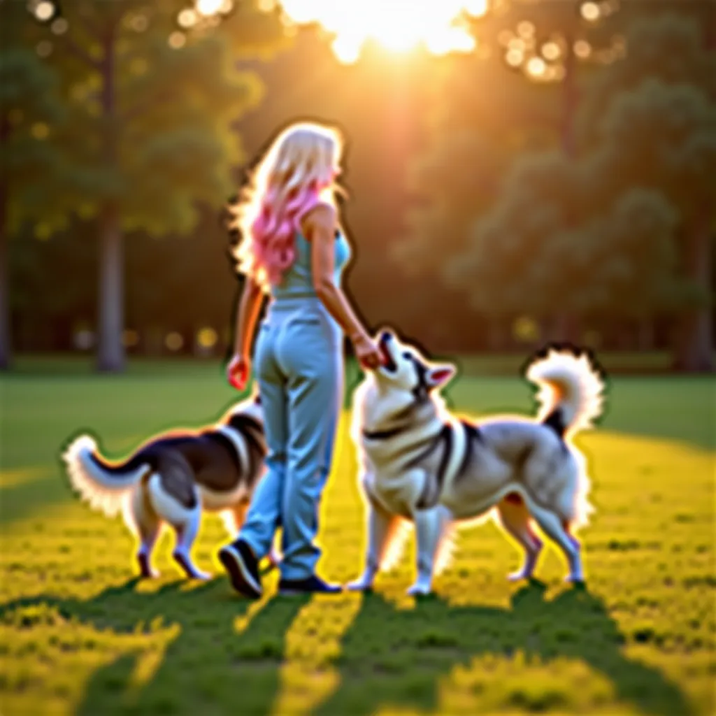 Full View 8K, a nature female, standing at the park playing catch, with my two husky mixed dalmatian wolf, as the sun is shining down on us, a natural white female, with long wavy blonde n pink hair, wearing a light blue jumpsuit, with black sneakers 