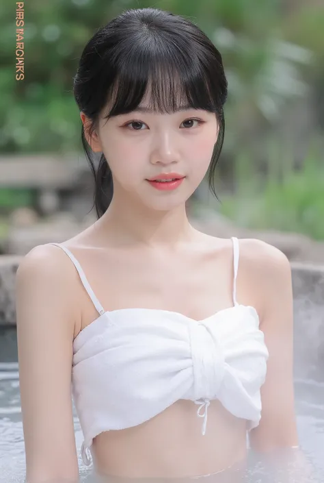  slender body , dark hair with bangs，全naked，naked， Chest for Men，small breasts,flat chest,((My nipples are barely visible because I'm soaking in hot spring water)),最high quality,high quality  、 Max image ,16k,最high quality 、  high quality 、最high quality  、...