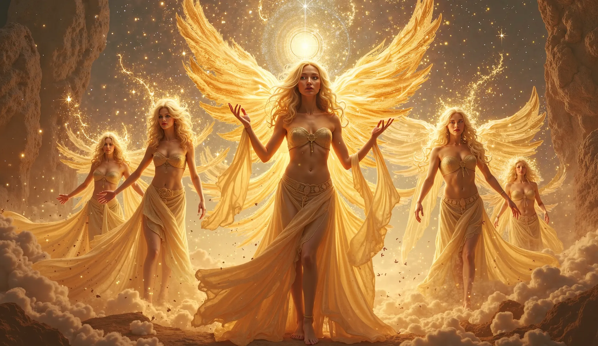 A breathtaking and mystical depiction of ancient goddesses transforming to exert their divine dominance over the world. The scene features multiple stunning and voluptuous goddesses, each enveloped in a radiant aura as they undergo a powerful transformatio...