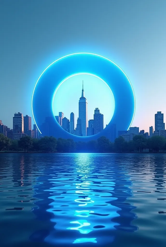 make a blue logo, NYC circle logo and a city behind it. add lake