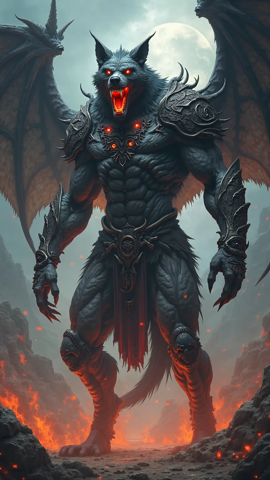 A towering hybrid emerges, its body wrapped in ethereal shadows, fusing the ancient power of Hades with the feral rage of the werewolf.
Its canine face is wreathed in ghostly flames, with glowing piercing red eyes and shadowy tendrils slithering from its b...