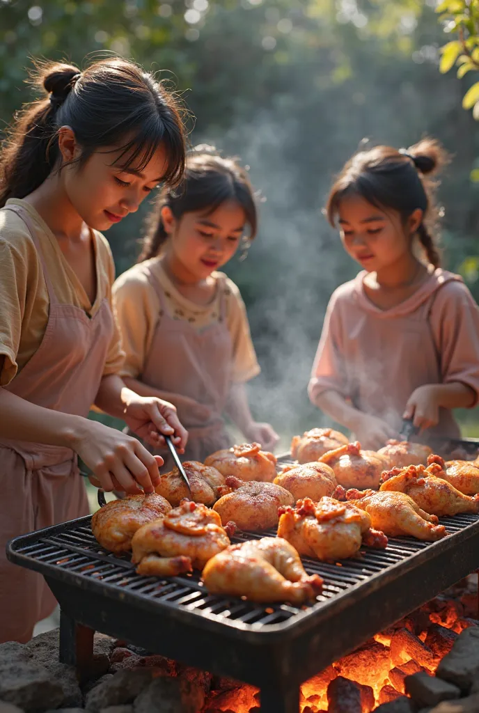 Real girls eating plucked chickens 
 Cooking in the 
charcoal grill  