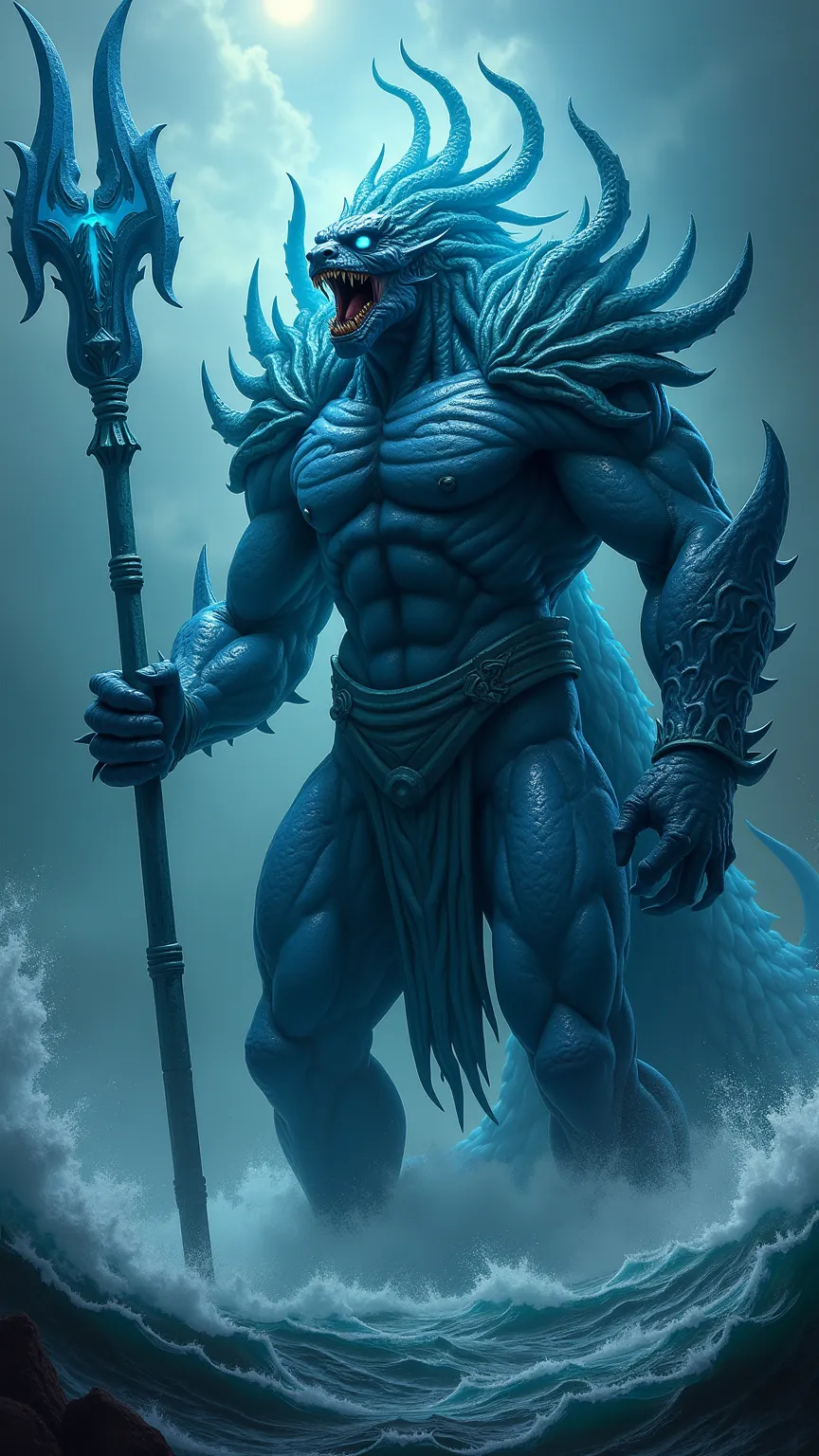 A titanic hybrid emerges, its body merging the divine form of Poseidon with the serpentine might of the Leviathan.
Its skin is covered in shimmering, scale-like armor, its eyes glow an abyssal blue, and tentacle-like appendages extend from its back.
Massiv...