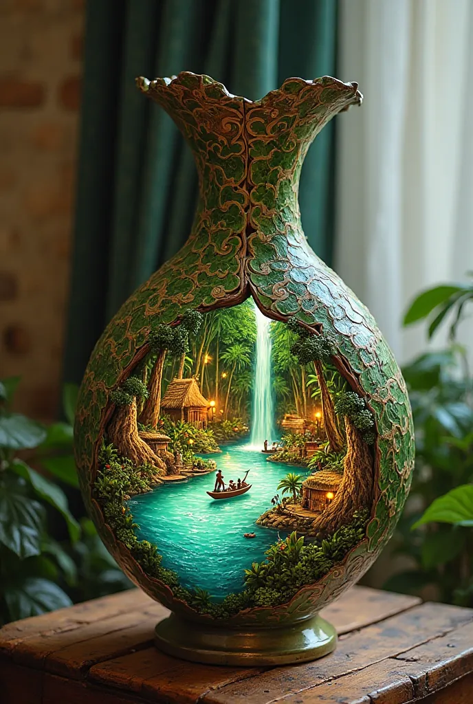 "A Marajoara vase with rustic Marajoara paintings from Pará and the Amazon, sits on a beautiful giant Victoria Regia from the Amazon. It is placed in a corner as an ornament in a beautiful modern room. The vase is open in the middle and inside it is a mini...