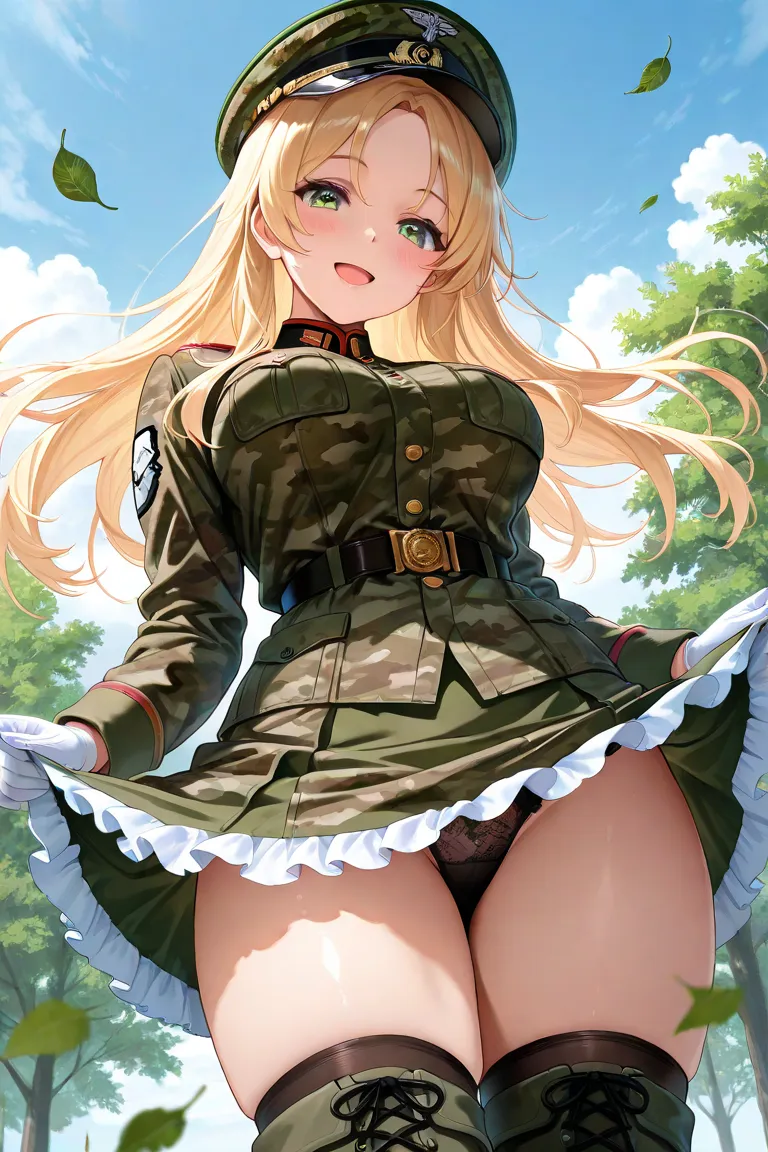 1girl,solo,long hair,looking at viewer,blush,large breasts,blonde hair,long sleeves,Smile、open mouth,medium breasts,standing,green eyes,underwear,thighs,outdoors,cowboy shot,day,belt,miniskirt,blue sky,parted bangs,tree,floating hair,military uniform,leaf,...