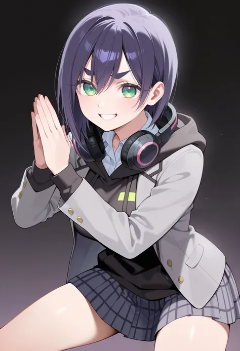 masterpiece, best quality, amazing quality, very aesthetic, absurdres,
EBKurumi, 1girl, solo, short hair, purple hair, thick eyebrows, green eyes, medium breasts,,(aged up:1.2), school uniform, jacket, hood, hoodie, plaid skirt, headphones around neck, gre...