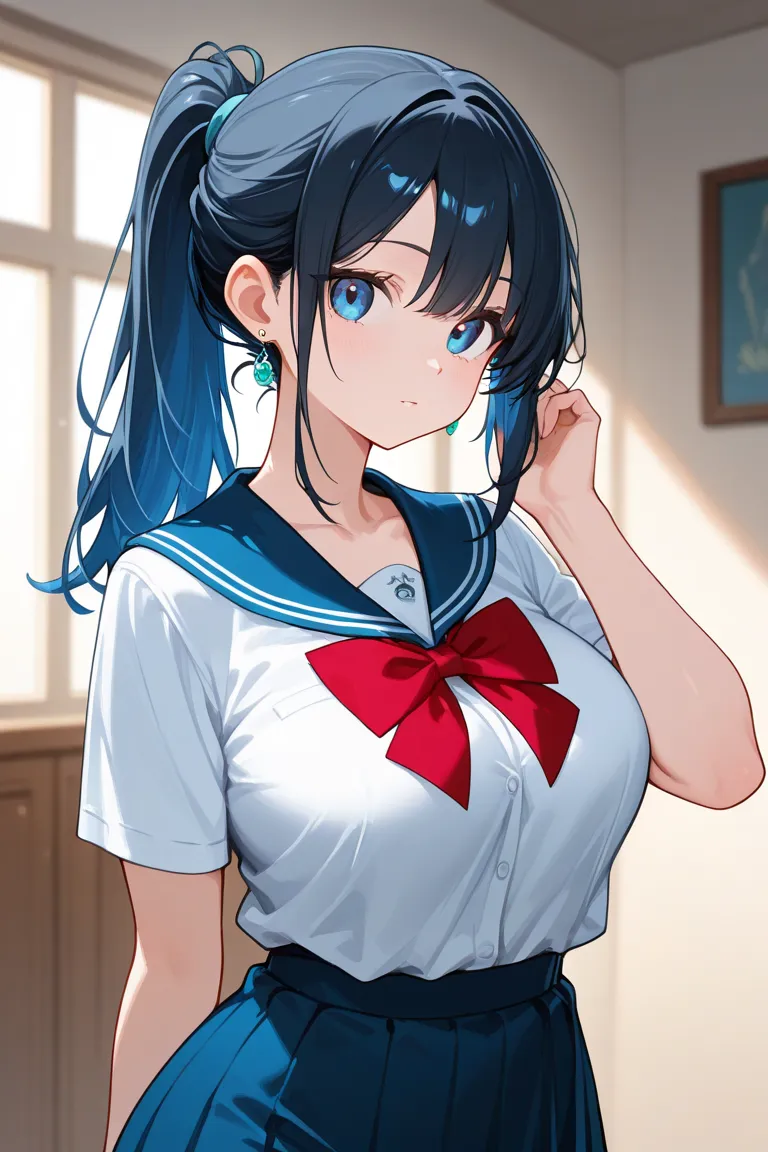 1 girl, Hair tied in ponytail, Black hair with some blue hair on the edges., blue eyes, but not bright, curvy body, wear a sexy school uniform, หน้าอกไซส์ปานกลาง, have a sliver earrings.