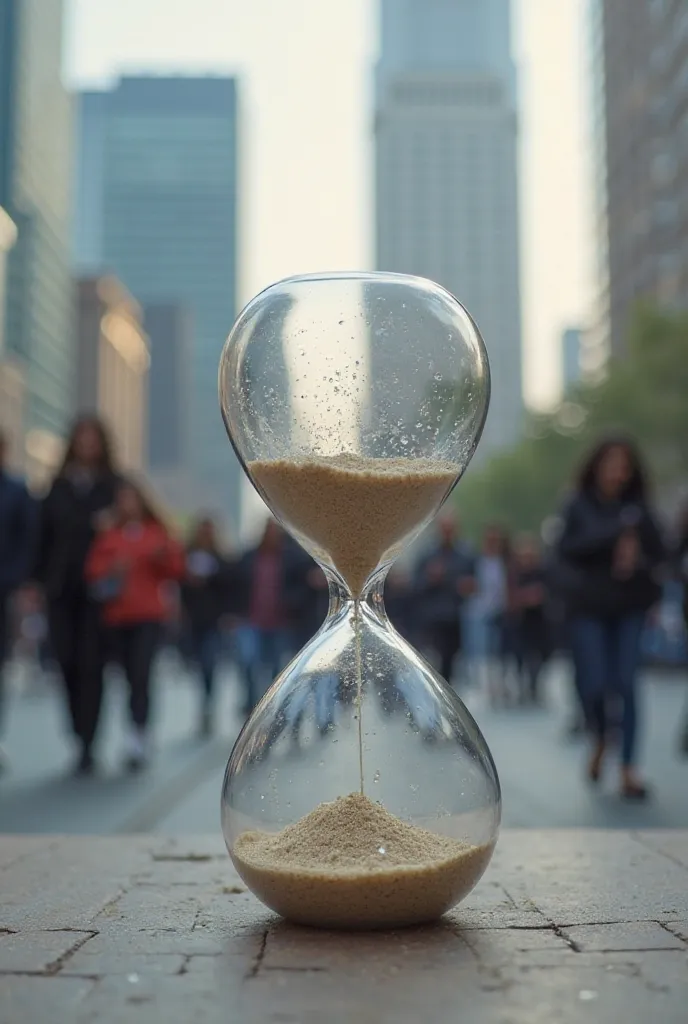 An hourglass where,  Instead of Sand , drops of water fall and evaporate when they reach the bottom. The background is a blurred urban landscape, with people walking quickly, connected to their mobile devices.