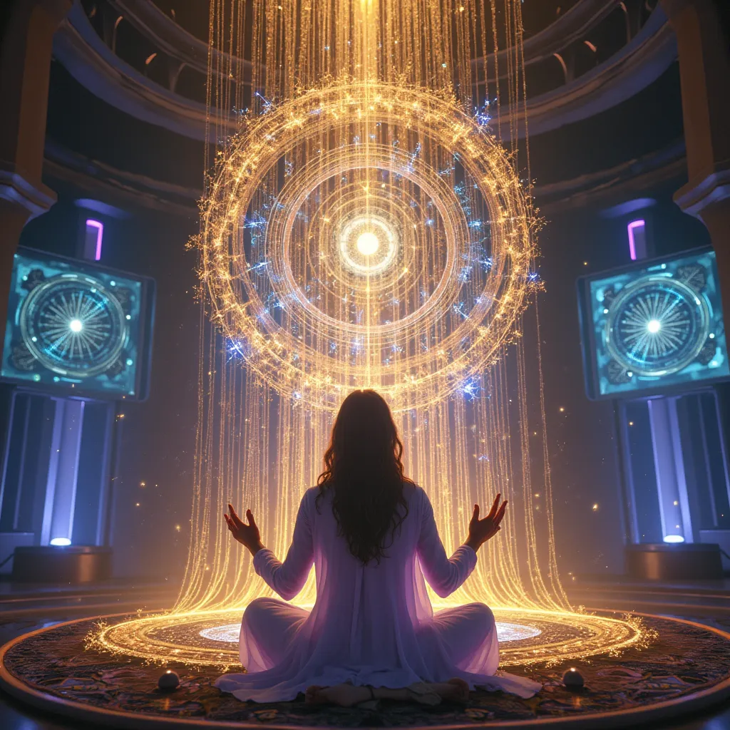 A spiritual being weaving threads of pure energy, creating a tapestry that represents the interconnectedness of all life. The threads glow in shades of gold, blue, and purple, forming intricate patterns. The being's hands move gracefully, guided by ancient...