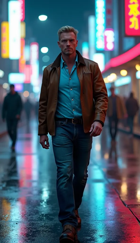 "A hyper-realistic, cinematic half-body shot of a 40-year-old man with a strong, rugged build walking toward the camera in a neon-lit urban setting at night. His expression is calm yet determined, with sharp, chiseled features and short, neatly styled blon...