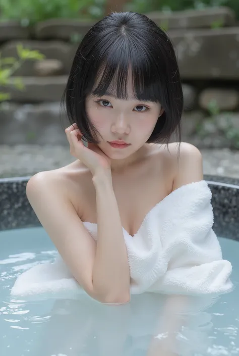  slender body , dark hair with bangs，全naked，naked， Chest for Men，small breasts,flat chest,((My nipples are barely visible because I'm soaking in hot spring water)),最high quality,high quality  、 Max image ,16k,最high quality 、  high quality 、最high quality  、...