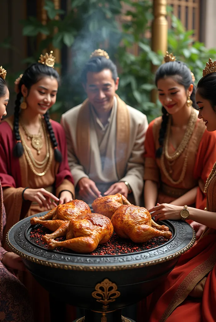 Royal family eating plucked chickens 
 Cooking in the 
charcoal grill  