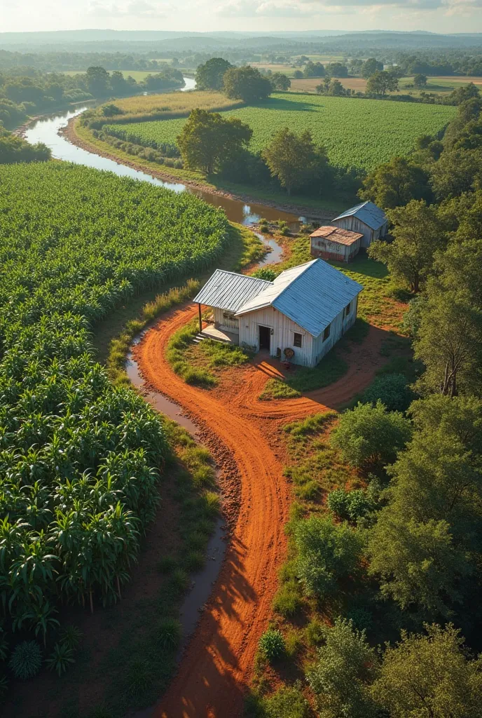 Hyper-realistic aerial view of a Brazilian farm on a sunny day, green soybean fields, white wooden house with a zinc roof, machinery sheds and orange orchard, intense white light, sharp shadows, red soil, creek reflecting the clear blue sky, Cerrado with n...