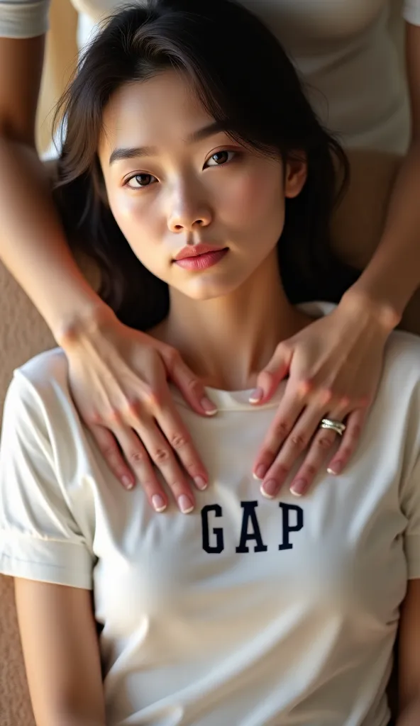 Japanese female model wearing a white Gap logo t-shirt, applying plenty of lotion, and receiving a massage with her eyes open