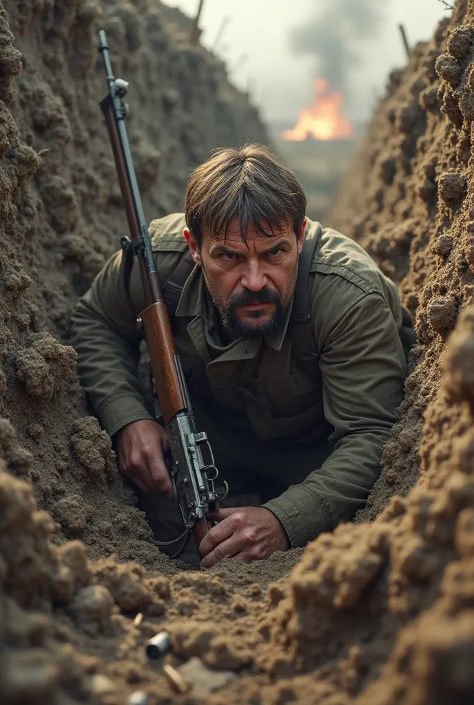 Mustached soldier trapped in a Trench