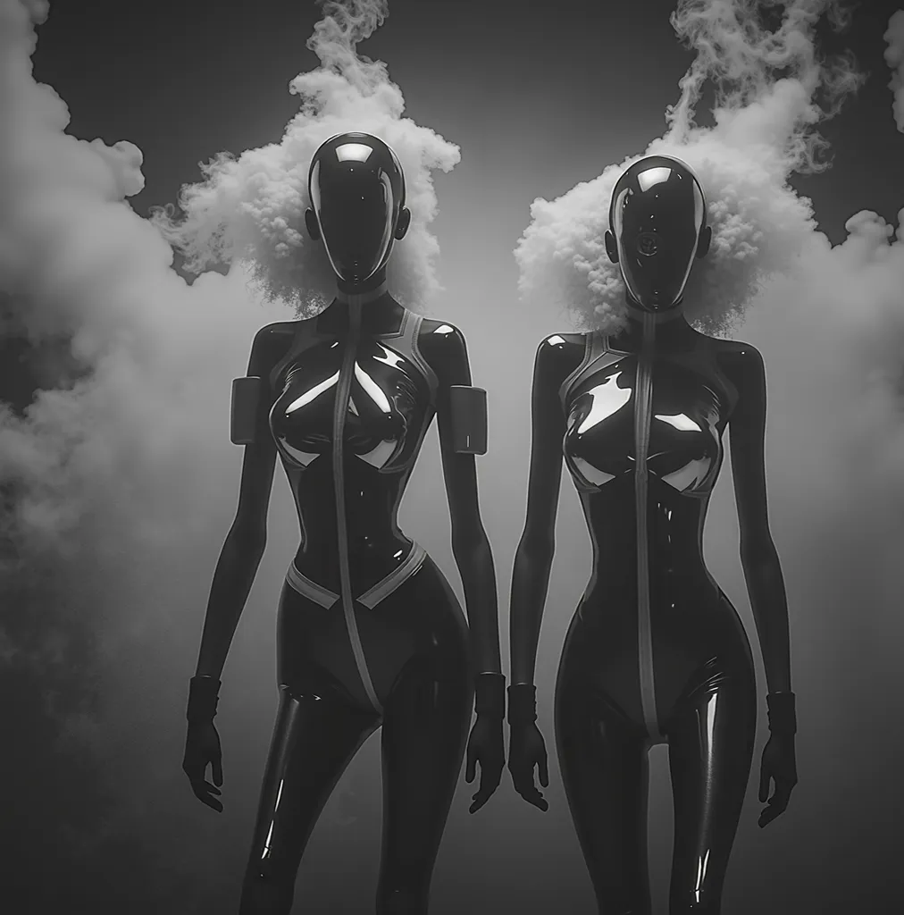 A hyper-realistic black-and-white studio photograph. Two faceless futuristic female figures stand side by side in a dark, surreal atmosphere. Their bodies are covered in sleek, reflective latex suits with biomechanical patterns. Smoke emerges from their he...