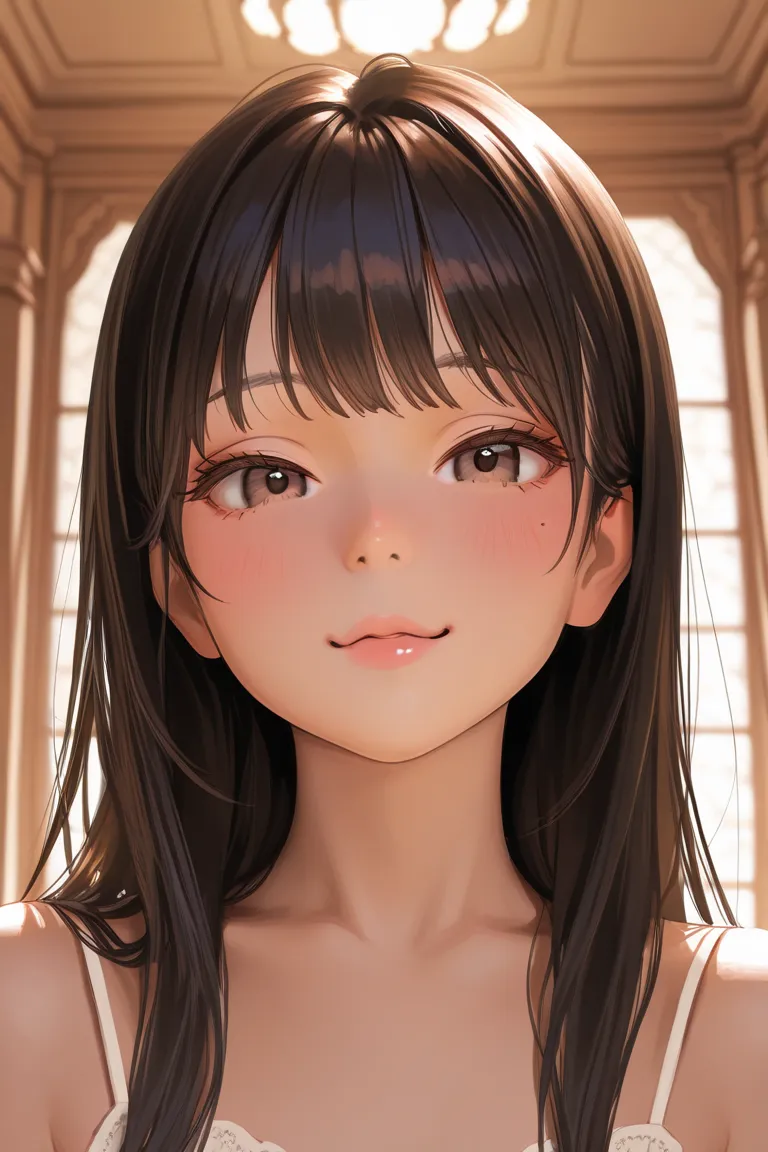 cute petite anime girl, Long black hair, dark brown eyes, flirty expression, delicate facial features, slender figure, posing seductively, detailed portrait, high quality, masterpiece, 8k, ultra-detailed, photorealistic, intricate background, ornate japane...