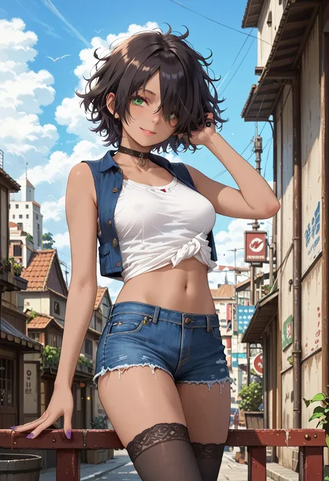 1 girl, 12years old, black hair, black hair,short hair, short hair, floating hair, messy hair, hair over one eye, hair covers one eye, hair cover one eye, big green eyes, purple makeup around the eyes, choker, medium breast, medium breast, brown skin, brow...