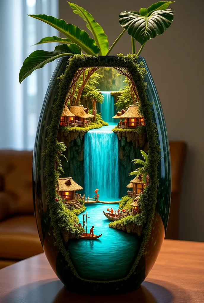 A Marajoara vase with rustic Marajoara paintings from Pará and the Amazon, sits on a beautiful giant Victoria Regia from the Amazon. It is placed in a corner as an ornament in a beautiful modern room. The vase is open in the middle and inside it is a minia...