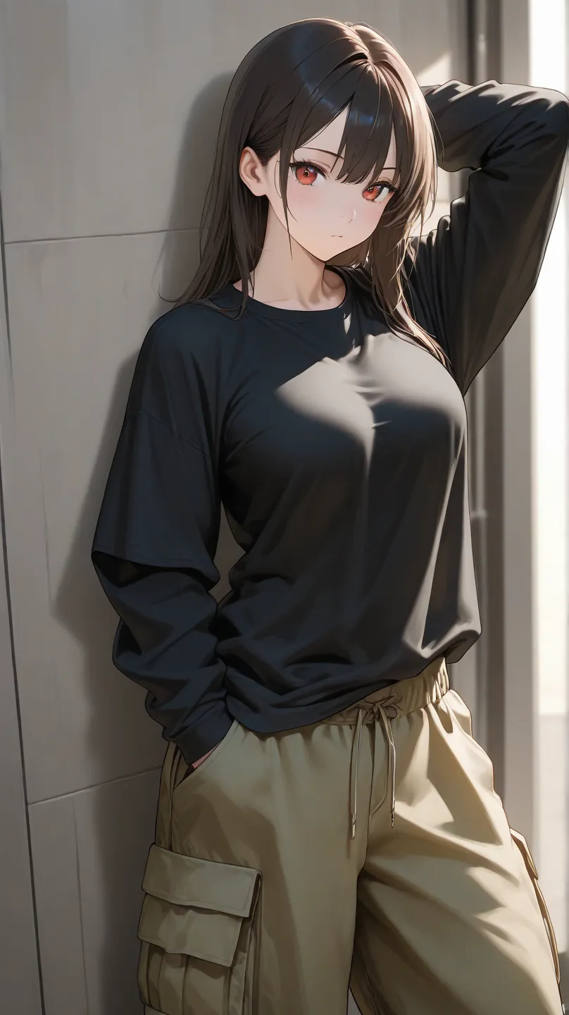 Long sleeve T-shirt, fit size black T-shirt, khaki cargo pants, oversized cargo pants, medium breasts,