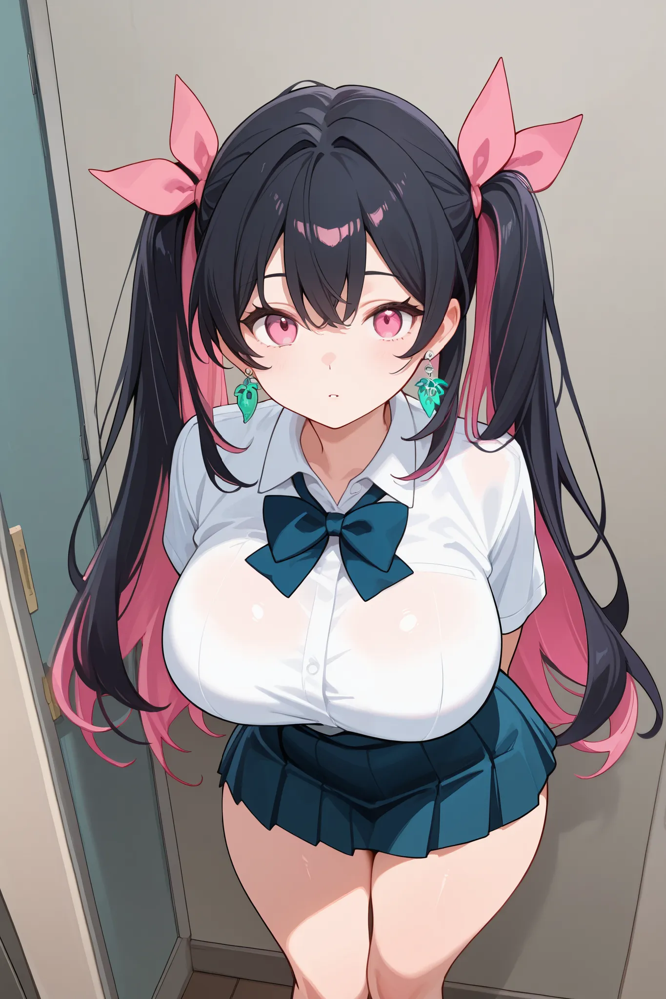 1 girl, Hair tied in twintail, Black hair with some pink hair on the edges., pink eyes, but not bright, curvy body, wear a sexy school uniform, หน้าอกไซส์ปานกลาง, have a sliver earrings.