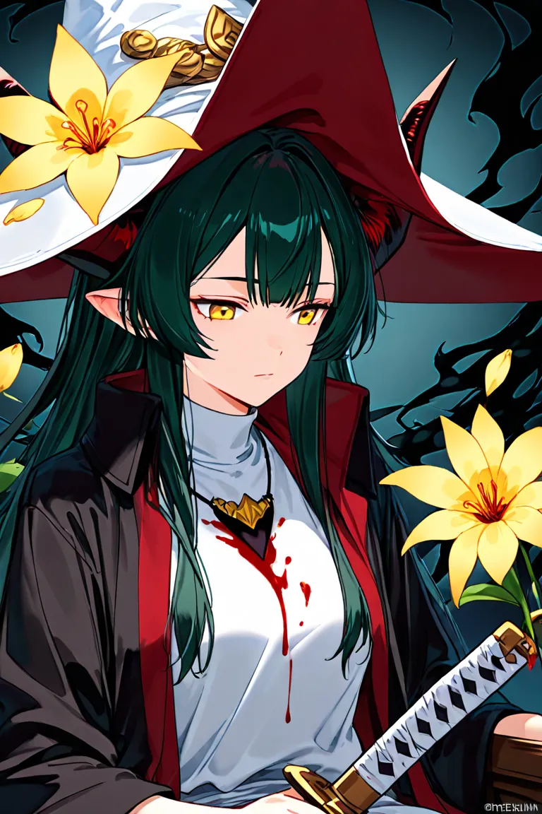  Woman, Thiefling, long dark green hair, yellow eyes, Two horns skin tone with a black tip, wearing a black coat, a blood necklace, a large wizard's hat, A yellow flower on the hat, The fingers on the hand are black, A tattoo of Sakuras on the shoulder, A ...