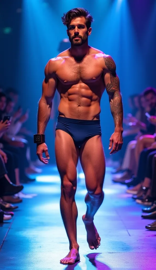 **"An incredibly attractive and confident male model with tanned, sun-kissed skin walking down a high-end runway at an exclusive men's fashion show. He has thick, wavy dark brown hair styled in a slightly tousled manner, giving him a rugged yet seductive c...