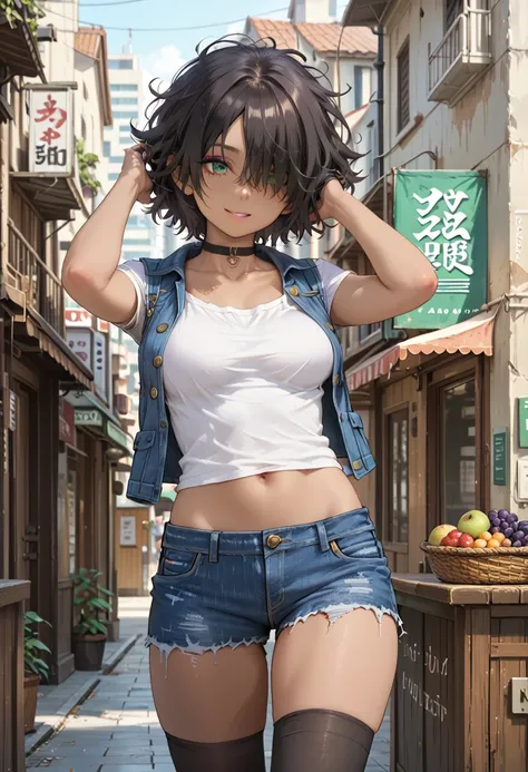 1 girl, 12years old, black hair, black hair,short hair, short hair, floating hair, messy hair, hair over one eye, hair covers one eye, hair cover one eye, big green eyes, purple makeup around the eyes, choker, medium breast, medium breast, brown skin, brow...