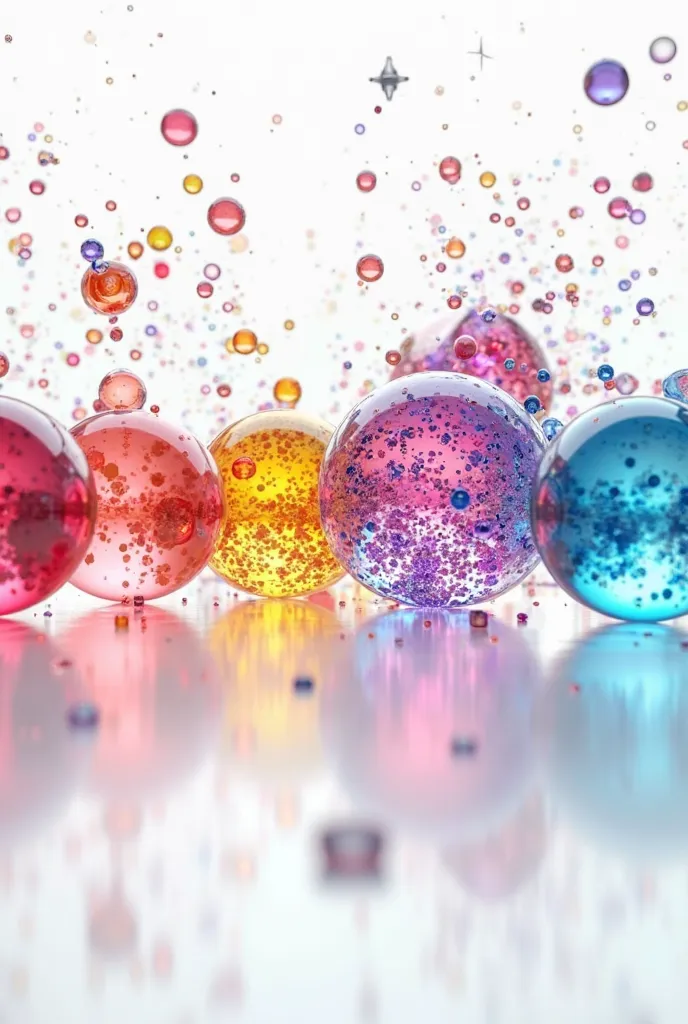 colored spheres simulating chemical reactions on white background  