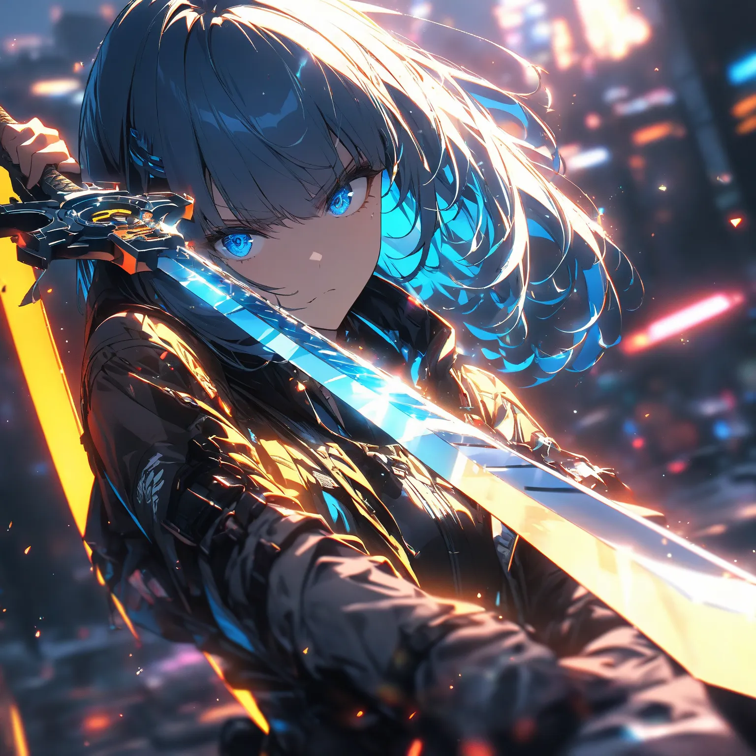 (top quality:1.2, very well detailed, high contrast,top quality, Aesthetics at its best), 1 girl with medium blue hair、 hair to hide one eye, wearing cyberpunk tech wear、 (emotional、high detailed and accurately shaped sword)(1 girl armed with a sword)（Shar...