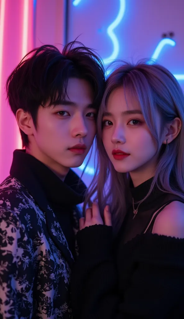 1boyfriend handsome korean, and 1girlfriend pretty korean, couple, perfect korean face, hairstyle messy, black and grey hair, neon light, cool korean clothes, outfite korean, room, adult, perfect body, perfect face, perfect hand, couple pose, realistic hd,...