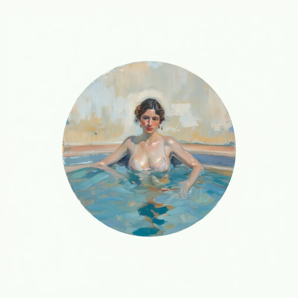 Woman by Pool Canvas Wall Art Impressionist Oil, Focus on the tactile quality of the oil paint, incorporating gentle gradients and soft transitions between colors. Allow the brushstrokes to remain visible, adding a sense of raw emotion and intimacy to the ...