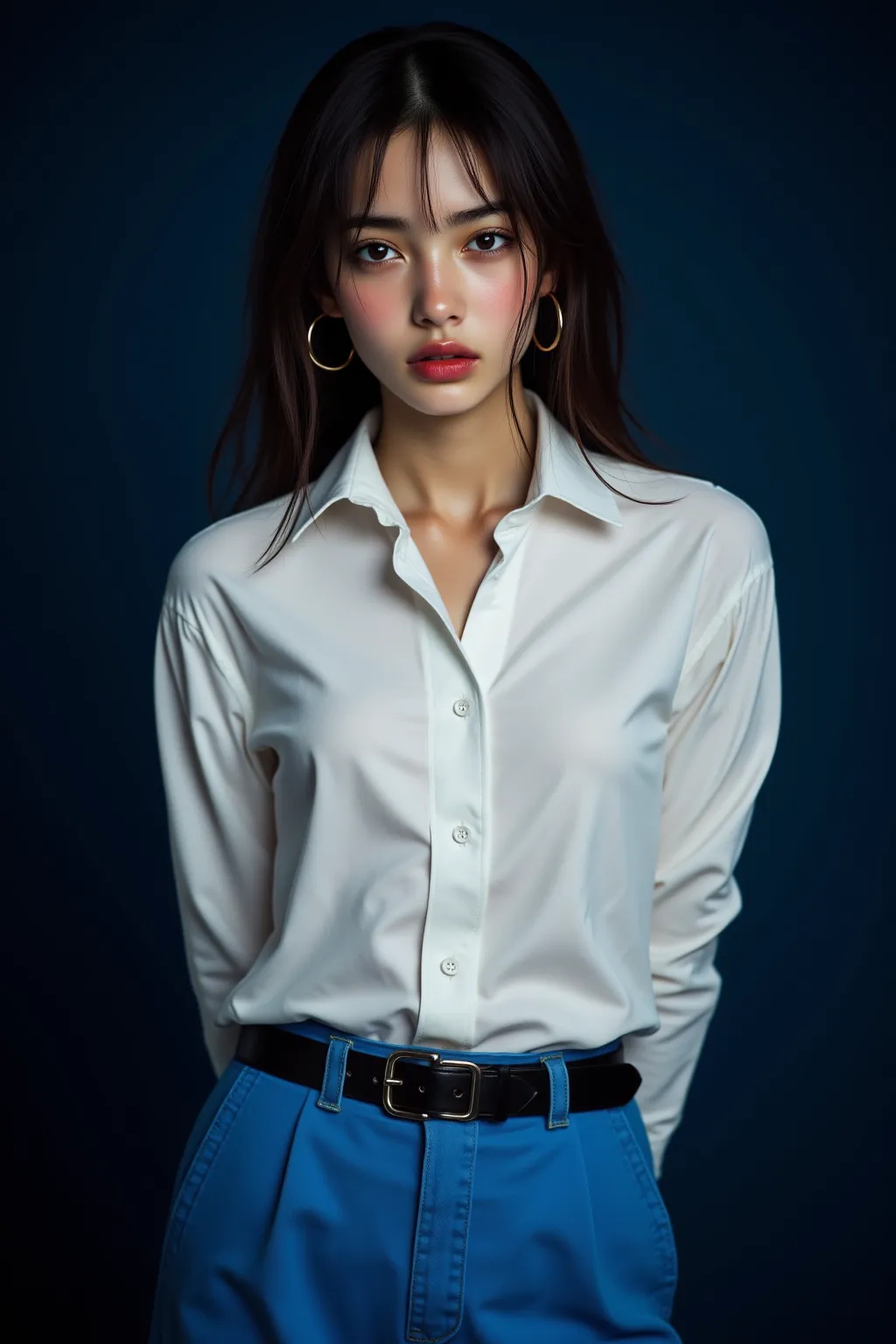 8k, masterpiece, top quality, ¾ view ,  pale skin,  red lips,  LARGE HOOP EARRINGS,  Oversized White Shirt, high waisted blue pants,  Wide belt ,  Relaxed Posture, crosses his arms behind his head,   dark blue background .
long hair, 