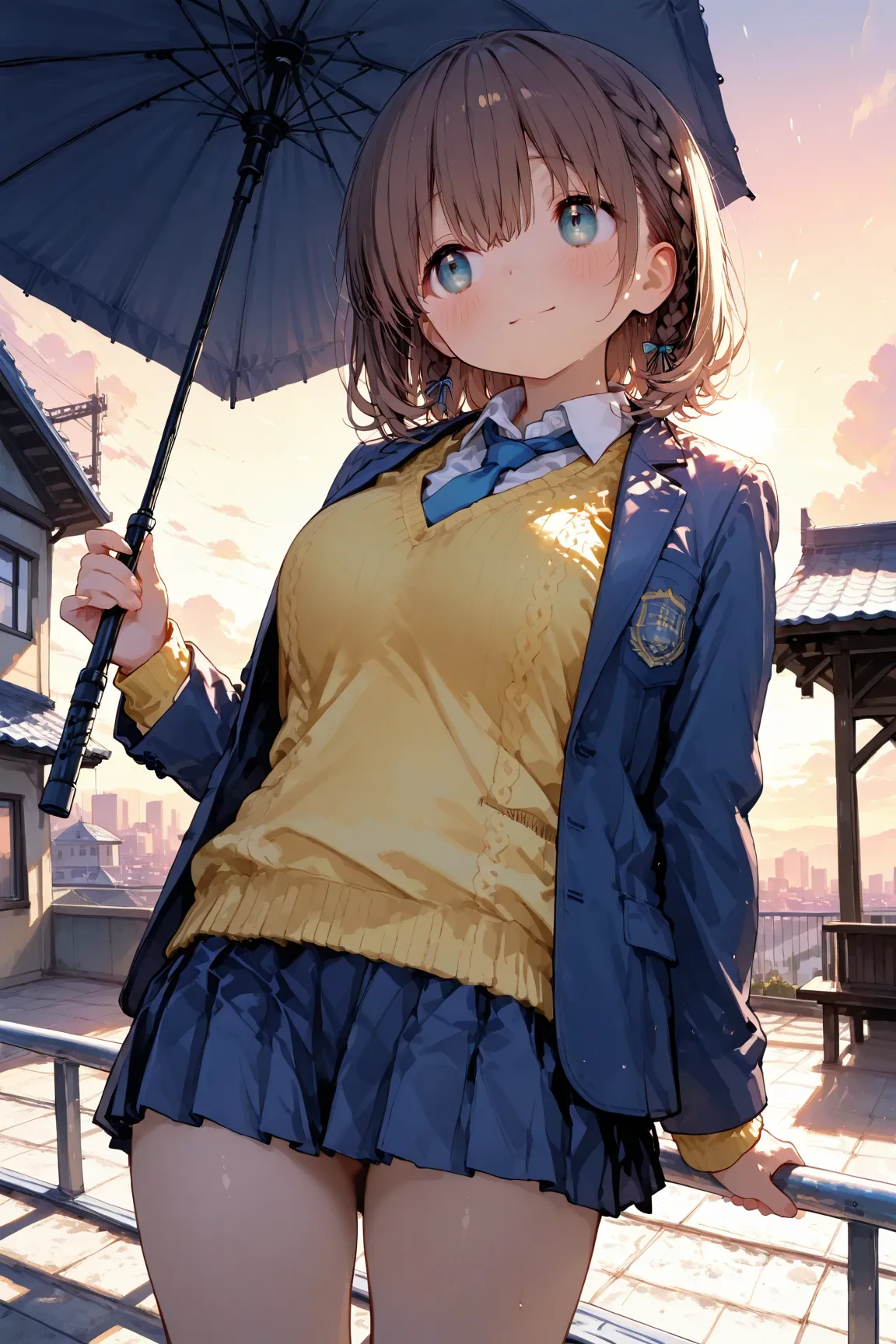 explicit,1girl\(ai-chan \(tawawa\)\),solo, brown hair, braid,cyan eyes,blue blazer, yellow sweater vest, blue necktie, blue skirt,(look at away), standing under a large umbrella light, backlight, evening sunset, rooftop scene, city skyline in the distance,...